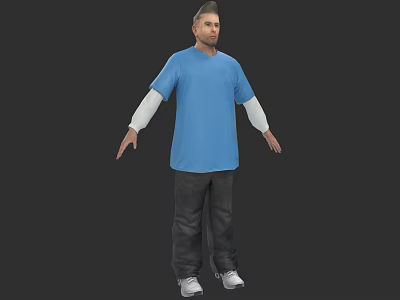 Man In Blue Shirt White Sleeves Black Pants White Shoes Arms Outstretched On Dark Background 3d model