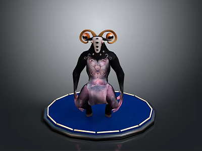 Horned Fantasy Animal With Black Body White Face Pink Patterns Standing On Blue Glowing Base 3d model