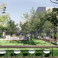 Modern Garden Landscape With Green Lawn Trees Pavilion And Water Feature
