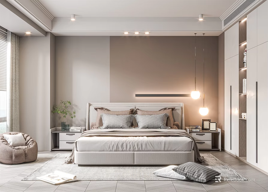 Modern Bedroom Interior With Cozy Bed Nightstands Pendant Light Accent Chair And Rug 3d model 