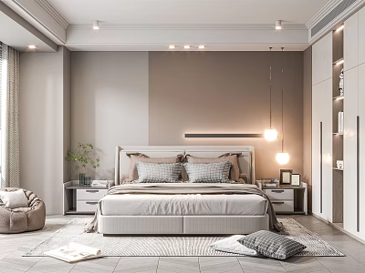 Modern Bedroom Interior With Cozy Bed Nightstands Pendant Light Accent Chair And Rug 3d model