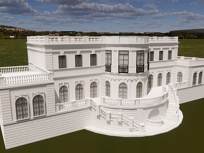White Classical Detached Villa Exterior With Balconies Staircase Green Lawn And Blue Sky 3d model