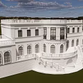 White Classical Detached Villa Exterior With Balconies Staircase Green Lawn And Blue Sky