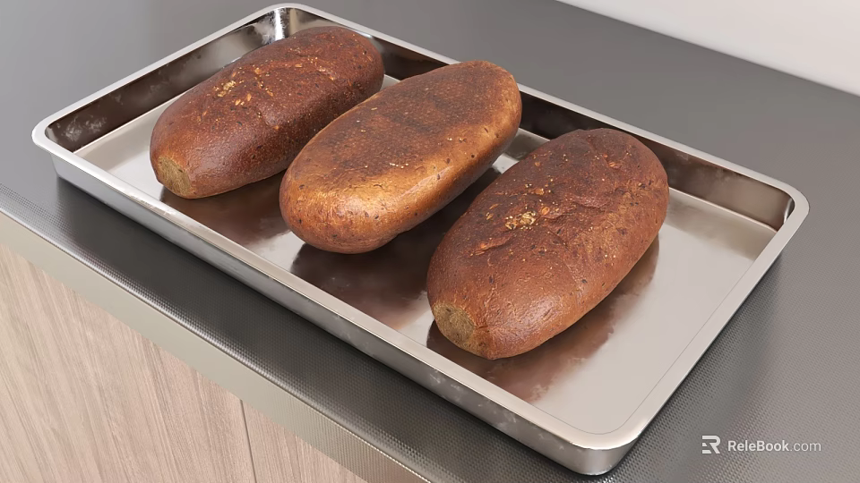 Three Freshly Baked Long Loaves of Bread on Stainless Steel Tray 3d model 