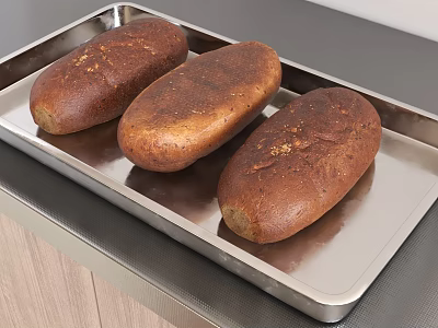 Three Freshly Baked Long Loaves of Bread on Stainless Steel Tray 3d model
