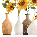 Decorative Ornament Set With Yellow Sunflowers And Brown White Ceramic Vases Small Dot Patterns