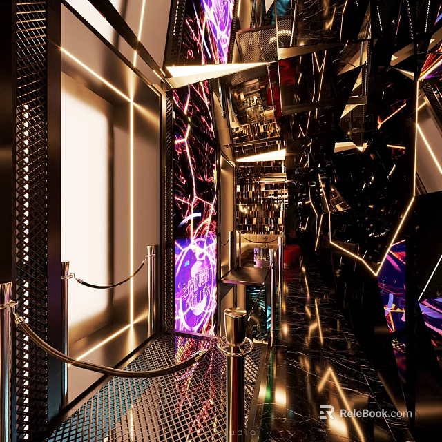 Modern Bar Interior With Neon Lights Geometric Decor And Metallic Surfaces 3d model 