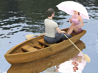 Two People Enjoying Time Rowing Wooden Boat On Calm Water With White Umbrella 3d model