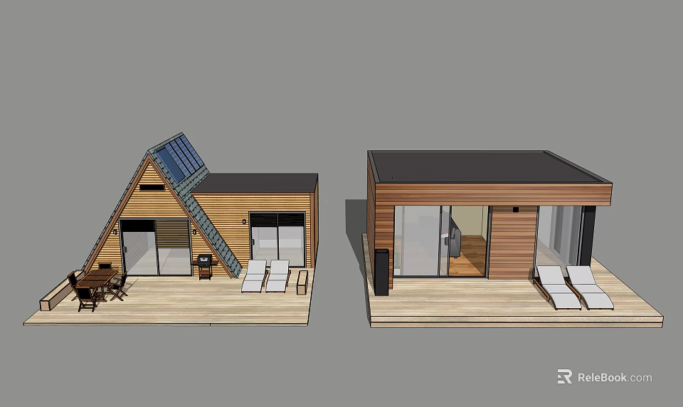 Modern Wooden House Design With Solar Panels Deck Loungers And Large Windows 3d model 