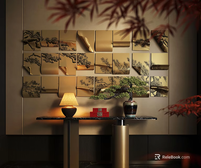 Modern Elegant Gold Panel Wall Decor With Tree Pattern In Living Room Interior 3d model