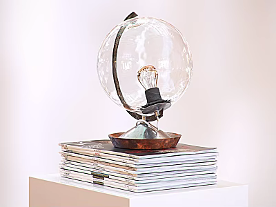 Transparent Glass Spherical Table Lamp With Copper Base On Stacked Magazines White Background 3d model