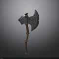 Ornate Medieval Axe With Intricate Carvings Red Handle And Metal Rings
