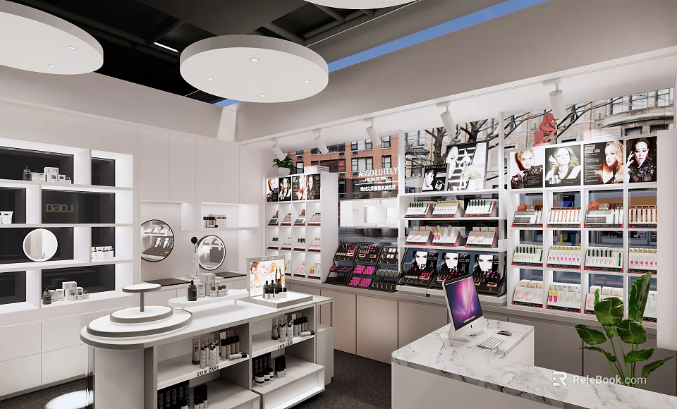 Cosmetics Store Modern Interior Featuring Shelves With Various Cosmetics And Marble Counter 3d model 