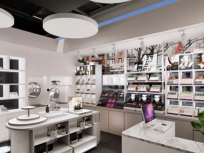 Cosmetics Store Modern Interior Featuring Shelves With Various Cosmetics And Marble Counter 3d model