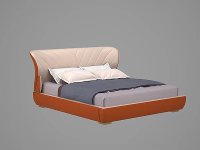 Leather Double Bed with Brown Beige Diamond Stitched Headboard Blue Blanket and Pillows 3d model