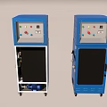 Two Blue Industrial Equipment Machines With Control Panels And Rolling Wheels