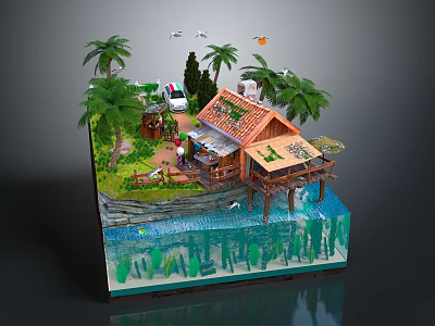 Tropical Beachside Cottage With Red Roof Wooden Deck Palm Trees And Water 3d model