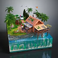 Tropical Beachside Cottage With Red Roof Wooden Deck Palm Trees And Water