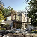 Modern Detached Villa with Trees Red Car Large Glass Windows and Modern Exterior Lighting 3d model