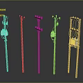 Different Wooden Electric Poles With Power Transformers And Utility Crossarms