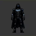 Hooded Warrior Character in Black Armor with Blue Glowing Accents 3D Render