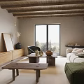 Modern Wabi Sabi Open Plan Living Dining Room With Exposed Wood Beams And Comfortable Furnishings