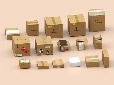 Various Sizes Of Cardboard Boxes With Labels For Household Packaging Storage 3d model