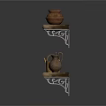 Rustic Wooden Wall Mounted Shelves With Clay Pots And Decorative Items