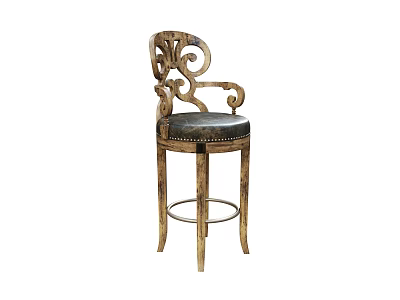 Vintage Carved Wooden Bar Stool With Black Leather Seat Armrests And Metal Footrest 3d model