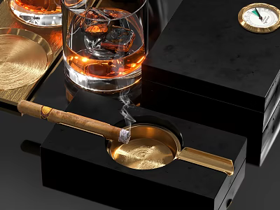 Luxury Cigar Ashtray And Whiskey Glass Set With Black Marble And Gold Accents 3d model