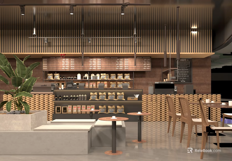 Cozy Cafe Interior Design With Wooden Decor Green Plants Round Tables And Coffee Bar 3d model 
