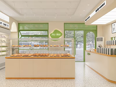 Cozy Pastry Shop Interior With Green Accents And Glass Display Cases Holding Fresh Desserts 3d model