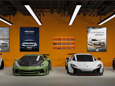 Luxury Sports Car Dealership Showcasing Premium Sports Cars and Automotive Posters 3d model