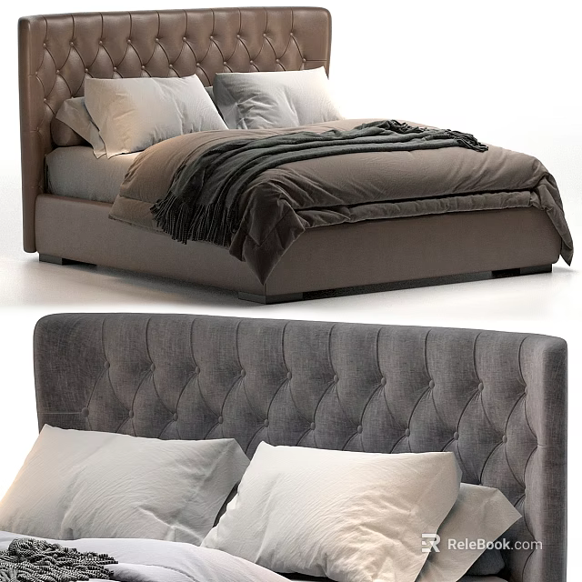 Gray Double Bed With Tufted Headboard Soft Pillows And Cozy Blanket 3d model