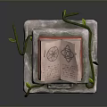 Decorative Household Item With Open Book On Stone Pedestal And Green Vines