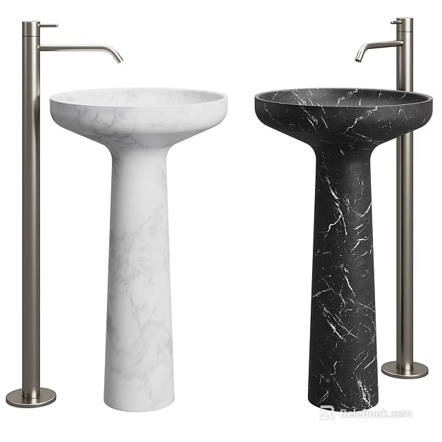 Modern Pedestal Wash Basins With White And Black Marble Finish And Metal Faucets 3d model 