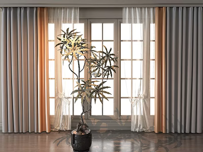 Gray and Beige Layered Curtains by Large Window with Potted Plant and Natural Light 3d model