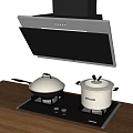 Modern Kitchen Appliances With Stainless Steel Range Hood Gas Stove And Pots On Wooden Countertop