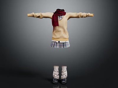 Beige Sweater With Red Scarf Plaid Skirt White Socks And Black Shoes Outfit 3d model
