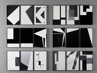 Black and White Geometric Abstract Art Canvas Paintings With Multiple Frames 3d model