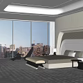 Hotel Guest Room Modern Design with Large Windows City View Bed Sofa Circular Column Lighting