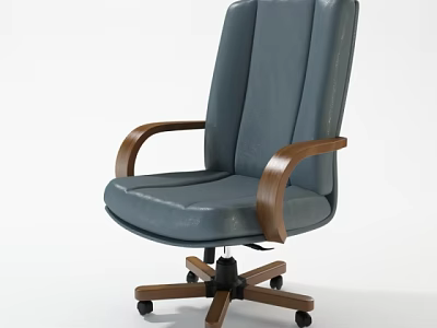 Comfortable Gray Leather Office Chair With Wooden Armrests And Swivel Wheels 3d model