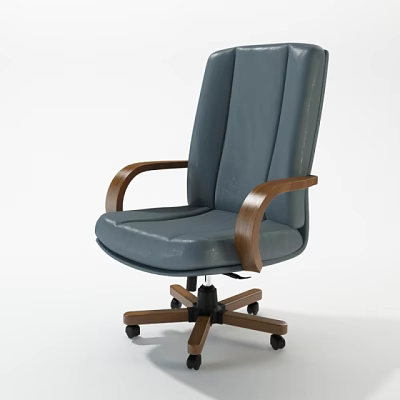 Comfortable Gray Leather Office Chair With Wooden Armrests And Swivel Wheels 3d model