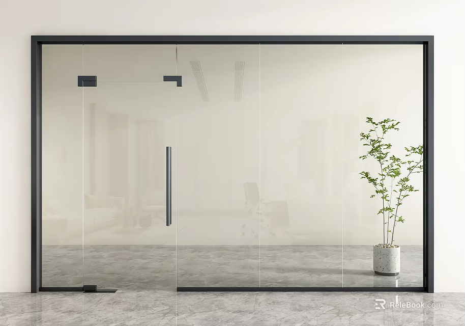 Modern Glass Sliding Door Interior Design With Black Frame And Green Potted Plant 3d model 