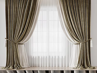 Luxurious Emerald Green Velvet Curtains With White Sheer Panels And Tiebacks 3d model