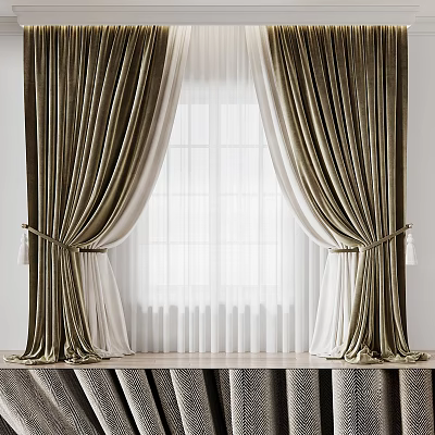 Luxurious Emerald Green Velvet Curtains With White Sheer Panels And Tiebacks 3d model