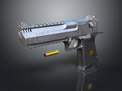 Close Up View Of Silver Metallic Pistol Weapon With Detailed Design And Floating Bullet 3d model