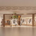 Modern Minimalist Clothing Store With Hanging Clothes Mannequins Handbags And Green Tree