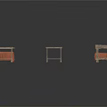 Display of Multiple Wooden Tables and Red Benches with Metal Frames