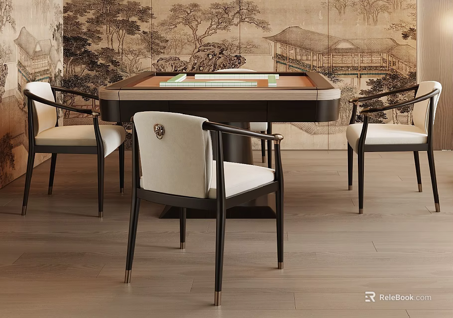 Chinese Style Entertainment Table With Mahjong Setup And Modern Chairs Against Traditional Mural 3d model 